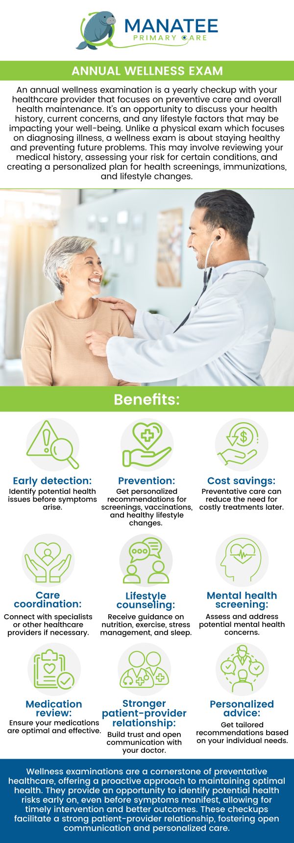 Common questions asked by patients: What exactly is a wellness exam? What is the primary goal of a wellness exam? How often should I schedule a wellness exam? What types of tests or screenings are usually included in a wellness exam? For more information, contact us or request an appointment online. We are conveniently located at 6302 Manatee Ave W, Suite D, Bradenton, FL 34209. We serve patients from Bradenton FL, Parrish FL, Bayshore Gardens FL, Memphis FL, South Bradenton FL, Palmetto FL, and surrounding areas. Common questions asked by patients: What exactly is a wellness exam? What is the primary goal of a wellness exam? How often should I schedule a wellness exam? What types of tests or screenings are usually included in a wellness exam? For more information, contact us or request an appointment online. We are conveniently located at 6302 Manatee Ave W, Suite D, Bradenton, FL 34209. We serve patients from Bradenton FL, Parrish FL, Bayshore Gardens FL, Memphis FL, South Bradenton FL, Palmetto FL, and surrounding areas.