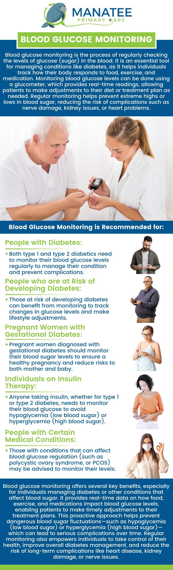 Common questions asked by patients: What is a blood glucose test? When would I need a blood glucose test? How do I prepare for a blood glucose test? What can I expect during a blood glucose test? For more information, contact us or request an appointment online. We are conveniently located at 6302 Manatee Ave W, Suite D, Bradenton, FL 34209. We serve patients from Bradenton FL, Parrish FL, Bayshore Gardens FL, Memphis FL, South Bradenton FL, Palmetto FL, and surrounding areas.
