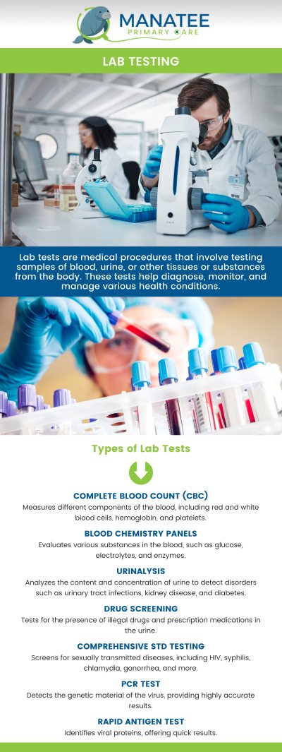 Common questions asked by patients: What tests are commonly performed in a lab? What do these tests check for? How do I prepare for a lab test? How do I find information about specific lab tests? What is the most common reason for laboratory testing? For more information, contact us or request an appointment online. We are conveniently located at 6302 Manatee Ave W, Suite D, Bradenton, FL 34209. We serve patients from Bradenton FL, Parrish FL, Bayshore Gardens FL, Memphis FL, South Bradenton FL, Palmetto FL, and surrounding areas.
