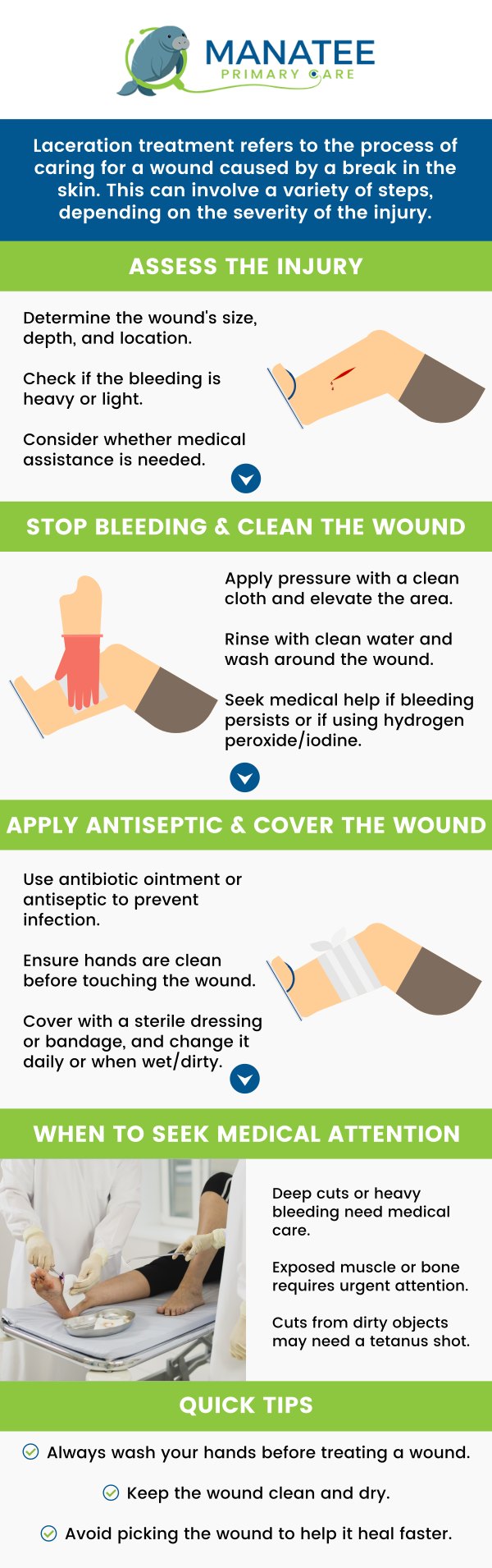 Common questions asked by patients: What is a minor laceration, and how does it differ from other types of wounds like abrasions or punctures? What are the key signs and symptoms that indicate a minor laceration might be infected? What steps can be taken to promote optimal healing and minimize scarring? How long does it typically take for a minor laceration to heal, and when are stitches or staples usually removed? For more information, contact us or request an appointment online. We are conveniently located at 6302 Manatee Ave W, Suite D, Bradenton, FL 34209. We serve patients from Bradenton FL, Parrish FL, Bayshore Gardens FL, Memphis FL, South Bradenton FL, Palmetto FL, and surrounding areas. Common questions asked by patients: What is a minor laceration, and how does it differ from other types of wounds like abrasions or punctures? What are the key signs and symptoms that indicate a minor laceration might be infected? What steps can be taken to promote optimal healing and minimize scarring? How long does it typically take for a minor laceration to heal, and when are stitches or staples usually removed? For more information, contact us or request an appointment online. We are conveniently located at 6302 Manatee Ave W, Suite D, Bradenton, FL 34209. We serve patients from Bradenton FL, Parrish FL, Bayshore Gardens FL, Memphis FL, South Bradenton FL, Palmetto FL, and surrounding areas.