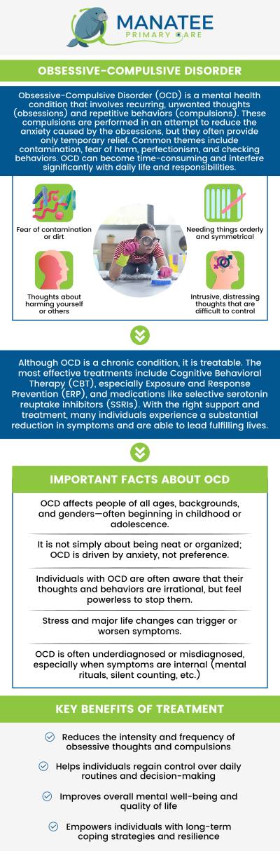 Common questions asked by patients: Can someone with OCD live a normal life? What are the 9 symptoms of OCD? What is it like for someone with OCD? What is the root cause of OCD? For more information, contact us or request an appointment online. We are conveniently located at 6302 Manatee Ave W, Suite D, Bradenton, FL 34209. We serve patients from Bradenton FL, Parrish FL, Bayshore Gardens FL, Memphis FL, South Bradenton FL, Palmetto FL, and surrounding areas.
