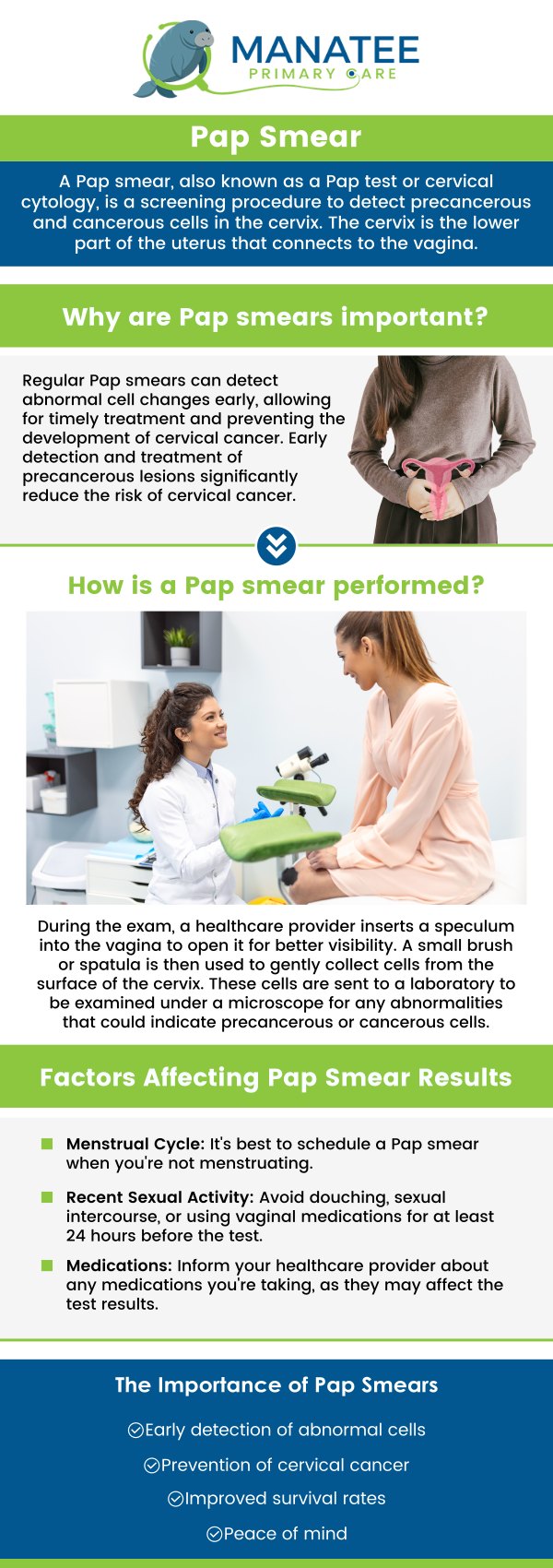 Common questions asked by patients: What is the purpose of a pap smear test? Is a Pap smear painful? What happens if a Pap smear is positive? When should we do a Pap smear? For more information, contact us or request an appointment online. We are conveniently located at 6302 Manatee Ave W, Suite D, Bradenton, FL 34209. We serve patients from Bradenton FL, Parrish FL, Bayshore Gardens FL, Memphis FL, South Bradenton FL, Palmetto FL, and surrounding areas. Common questions asked by patients: What is the purpose of a pap smear test? Is a Pap smear painful? What happens if a Pap smear is positive? When should we do a Pap smear? For more information, contact us or request an appointment online. We are conveniently located at 6302 Manatee Ave W, Suite D, Bradenton, FL 34209. We serve patients from Bradenton FL, Parrish FL, Bayshore Gardens FL, Memphis FL, South Bradenton FL, Palmetto FL, and surrounding areas.