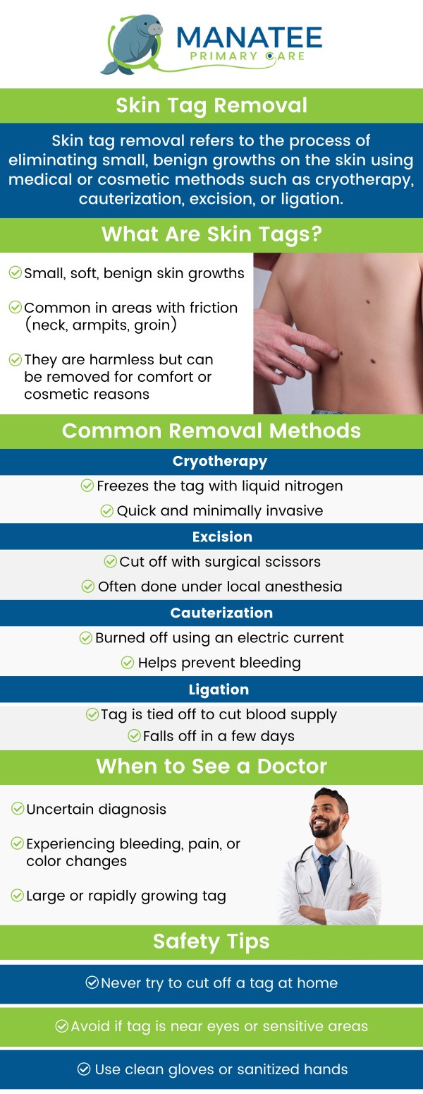Common questions asked by patients: What are skin tags, and what causes them to form? Are skin tags harmful, or do they pose any health risks? Can skin tags grow back after removal? Are there any ways to prevent skin tags from forming in the future? For more information, contact us or request an appointment online. We are conveniently located at 6302 Manatee Ave W, Suite D, Bradenton, FL 34209. We serve patients from Bradenton FL, Parrish FL, Bayshore Gardens FL, Memphis FL, South Bradenton FL, Palmetto FL, and surrounding areas. Common questions asked by patients: What are skin tags, and what causes them to form? Are skin tags harmful, or do they pose any health risks? Can skin tags grow back after removal? Are there any ways to prevent skin tags from forming in the future? For more information, contact us or request an appointment online. We are conveniently located at 6302 Manatee Ave W, Suite D, Bradenton, FL 34209. We serve patients from Bradenton FL, Parrish FL, Bayshore Gardens FL, Memphis FL, South Bradenton FL, Palmetto FL, and surrounding areas.