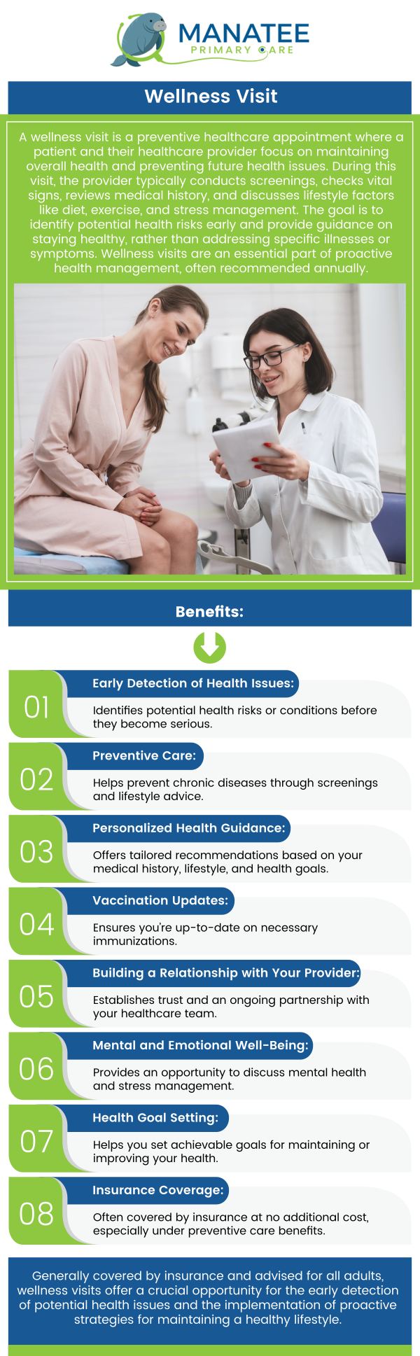 Common questions asked by patients: What is the primary purpose of a Medicare Annual Wellness Visit (AWV), and how does it differ from a traditional physical exam? What specific components and assessments are typically included in a Medicare AWV? Who is eligible for a Medicare AWV, and how often can beneficiaries receive this service? Are there any out-of-pocket costs associated with a Medicare AWV, and what services might incur additional charges? For more information, contact us or request an appointment online. We are conveniently located at 6302 Manatee Ave W, Suite D, Bradenton, FL 34209. We serve patients from Bradenton FL, Parrish FL, Bayshore Gardens FL, Memphis FL, South Bradenton FL, Palmetto FL, and surrounding areas. Common questions asked by patients: What is the primary purpose of a Medicare Annual Wellness Visit (AWV), and how does it differ from a traditional physical exam? What specific components and assessments are typically included in a Medicare AWV? Who is eligible for a Medicare AWV, and how often can beneficiaries receive this service? Are there any out-of-pocket costs associated with a Medicare AWV, and what services might incur additional charges? For more information, contact us or request an appointment online. We are conveniently located at 6302 Manatee Ave W, Suite D, Bradenton, FL 34209. We serve patients from Bradenton FL, Parrish FL, Bayshore Gardens FL, Memphis FL, South Bradenton FL, Palmetto FL, and surrounding areas.